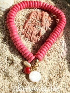 RED TURQUOISE Stacked Bead Bracelet with Gold and Shell Charms